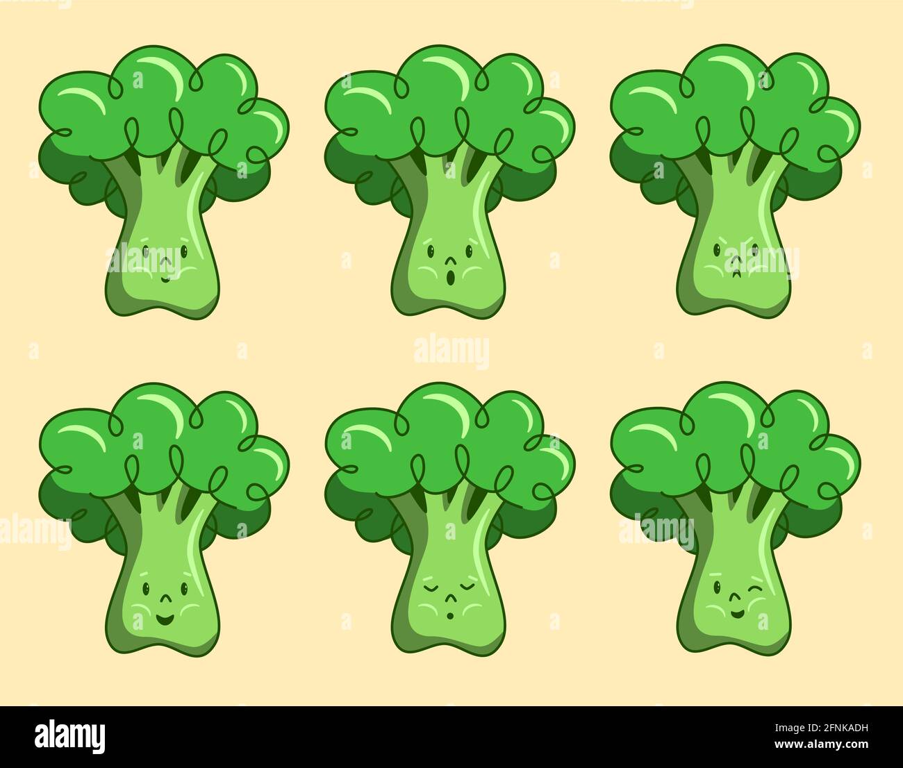 Raccolta di emozioni broccoli, gioia tristezza rabbia, ritratto di carattere umanizzato broccoli. Insieme di broccoli di cavolo verde emozionale illustrati vettore Illustrazione Vettoriale