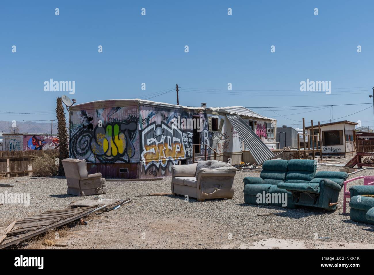 Rovine panoramiche di Bombay Beach, Salton Sea, California meridionale Foto Stock