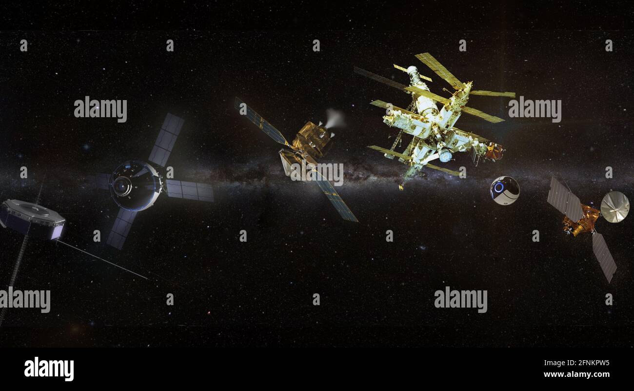 Molte navi spaziali e satelliti che orbitano nello spazio. Problema di alimentazione eccessiva. Elementi di questa immagine forniti dalla NASA. Foto Stock