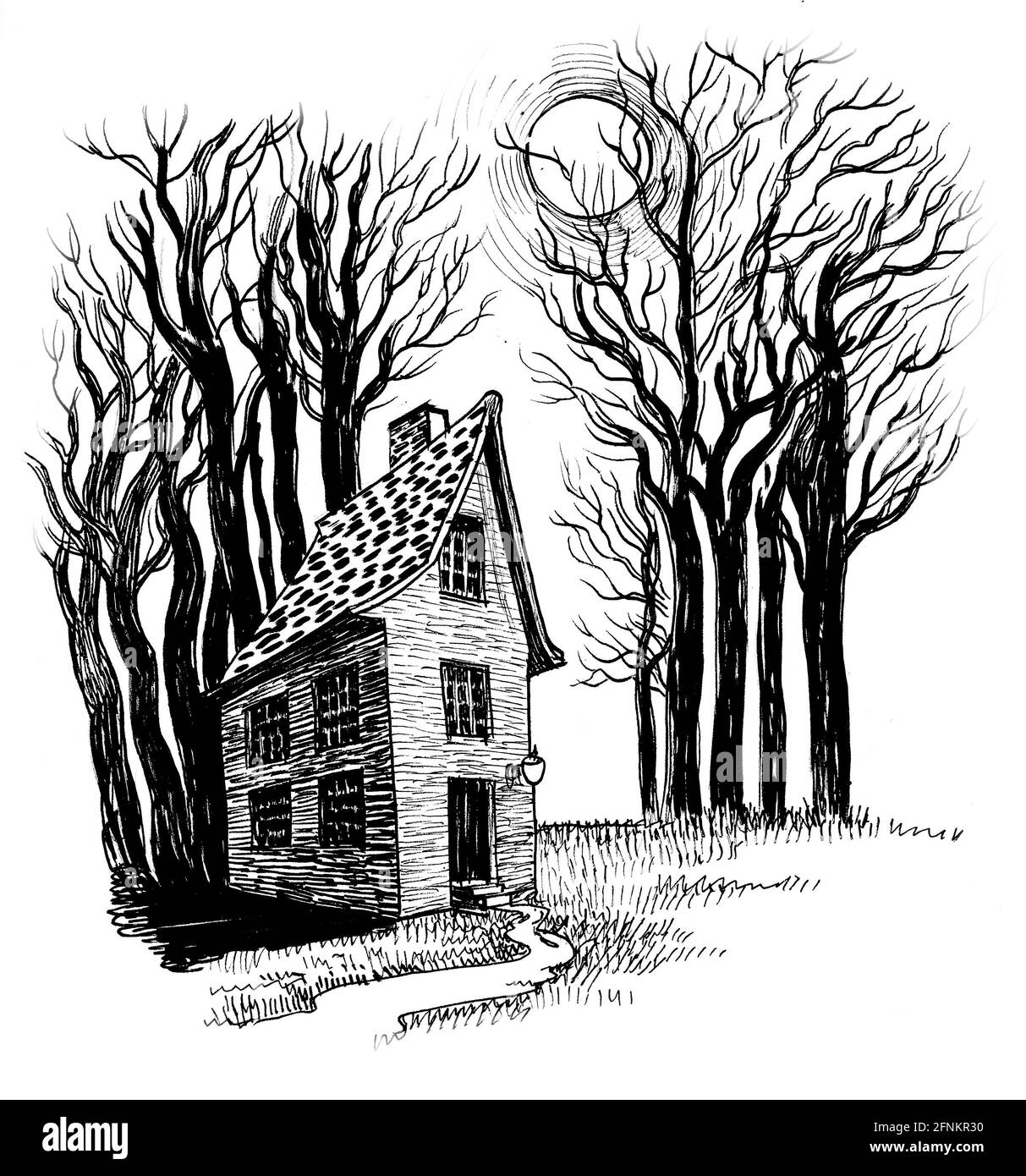 Vecchia casa in pietra in una foresta profonda. Disegno in bianco e nero con inchiostro Foto Stock