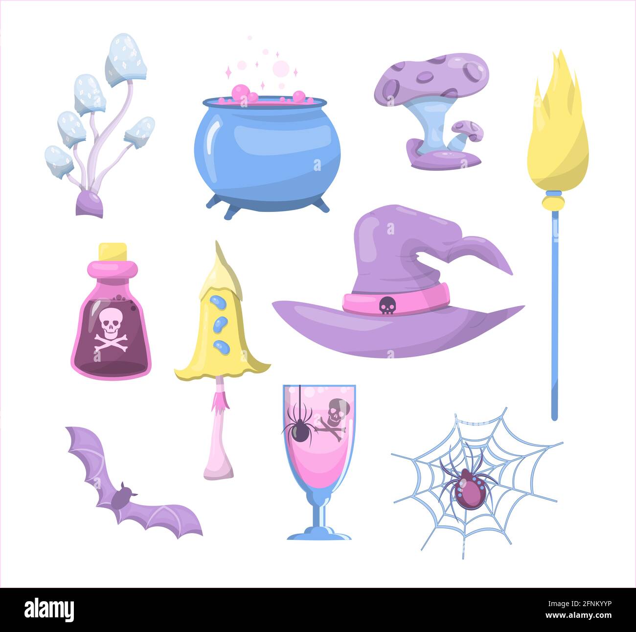 Set di funghi magici vettoriali. Spazio funghi cartoni animati. Illustrazioni colorate dello spazio con piattini volanti, pianeti e stelle. Banner, pubblicità Illustrazione Vettoriale