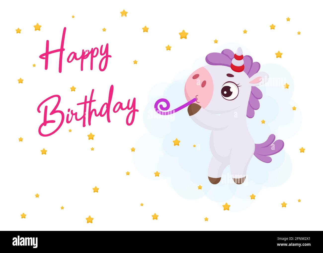 Cartolina Di Auguri Per La Festa Dei Bambini Con Un Unicorno Magico Carino Che Vola Sui Palloncini Divertente Personaggio Fumetto Image218263828