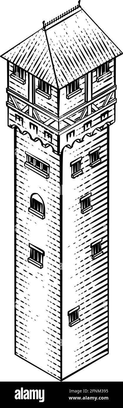 Illustrazione d'epoca dell'icona della mappa medievale dell'edificio Illustrazione Vettoriale