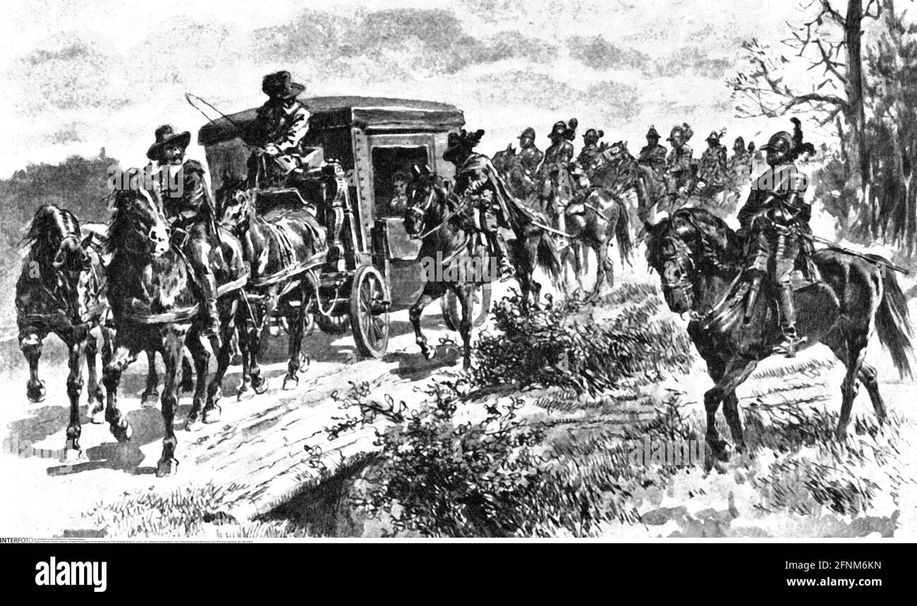 Trasporto / trasporto, pullman, autobus turistico pesante con scorta, circa 1630, incisione in legno, DIRITTI AGGIUNTIVI-AUTORIZZAZIONE-INFORMAZIONI-NON-DISPONIBILI Foto Stock