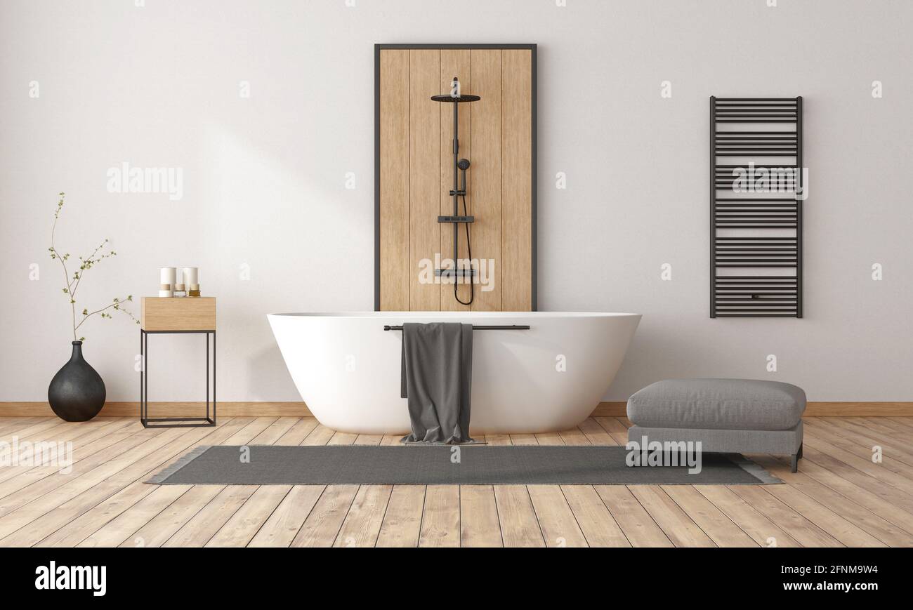 Bagno minimalista con vasca e doccia, pannello decorativo in legno e radiatore nero - rendering 3d Foto Stock