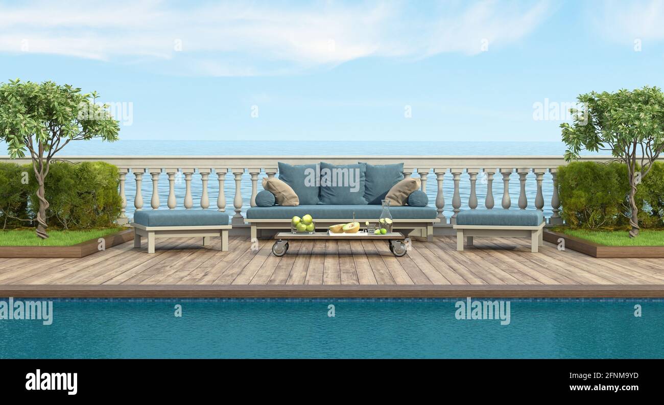 Giardino con piscina e divano retrò di fronte una balaustra classica - rendering 3d Foto Stock