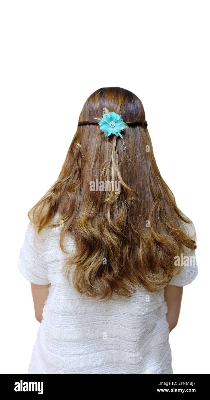 Vista posteriore di una giovane donna con lunghi capelli brunette con estremità riccia, Foto Stock