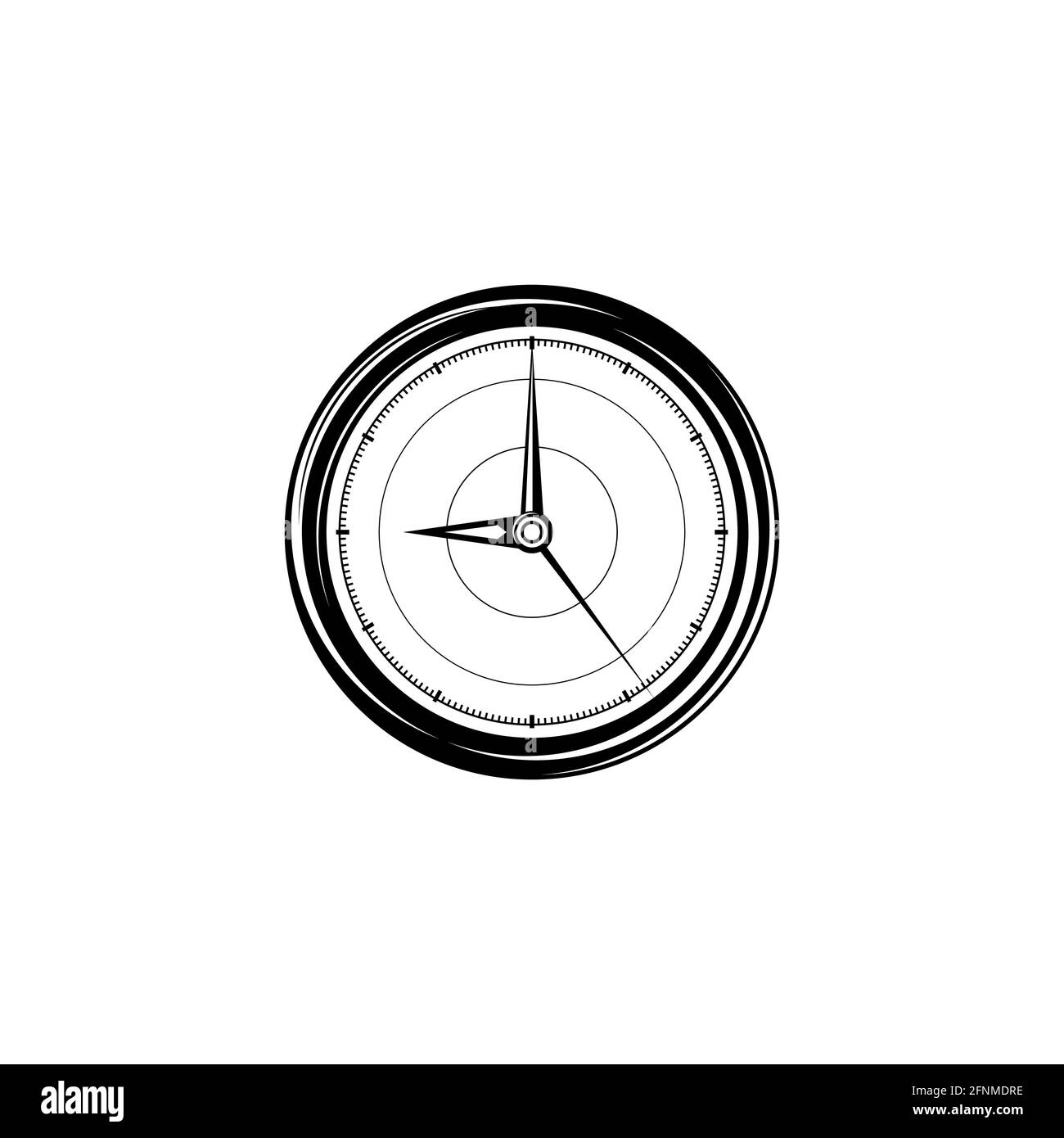 Orologio nero vintage. Icona piatta isolata su sfondo bianco. Immagine retrospettiva del tempo. Minuti e secondi. È il momento di lavorare o creare un concetto. Illustrazione Vettoriale