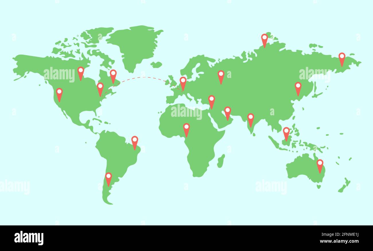 Mappa colorata illustrata del mondo con i continenti e il navigatore puntano in rosso mock up. Icona posizione, punti di destinazione. Illustrazione Vettoriale