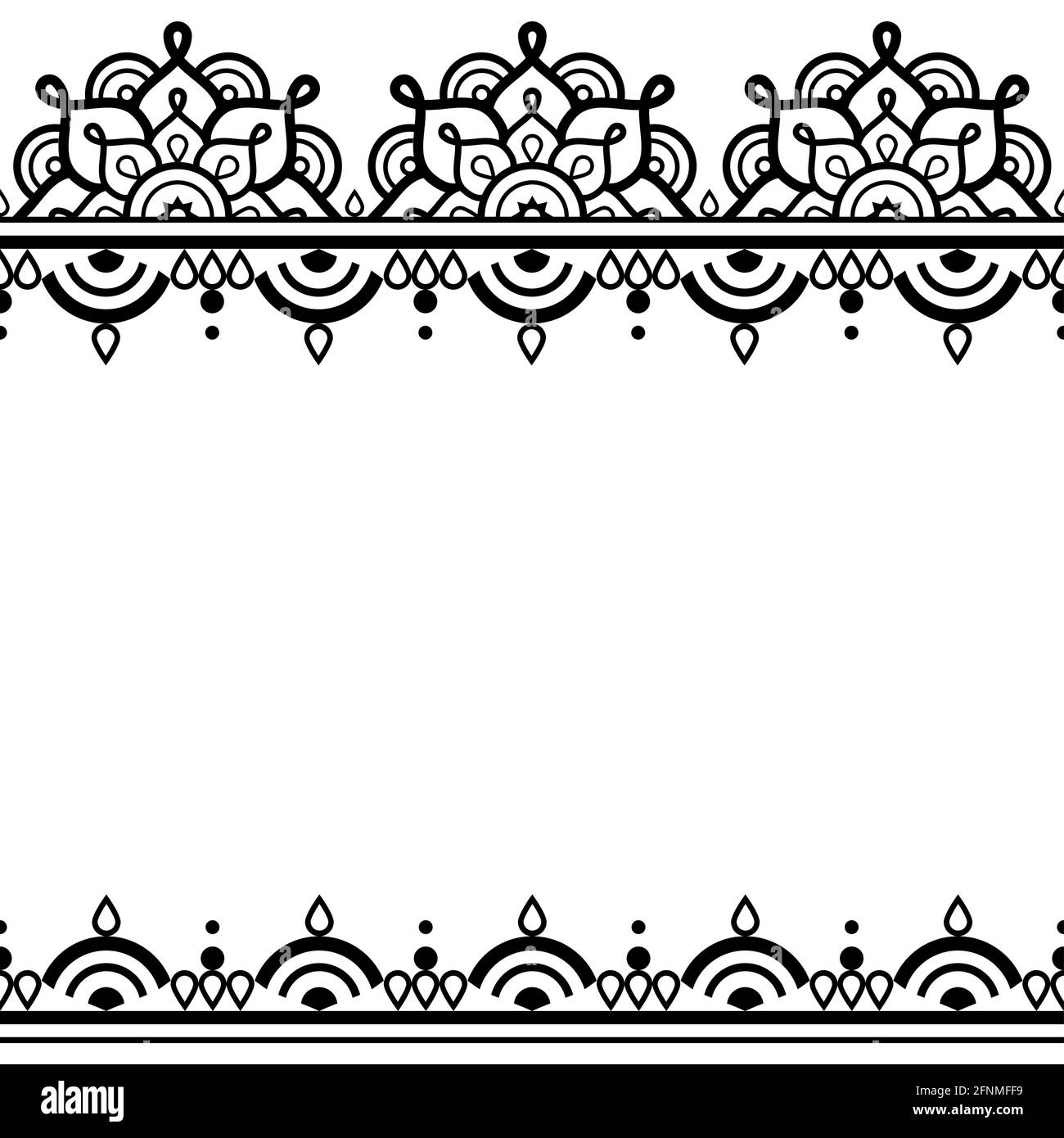 Tatuaggio indiano henné Mehndi stile tradizionale vettore biglietto d'auguri o. disegno di invito di nozze con mandala decorativa in bianco e nero e ge Illustrazione Vettoriale