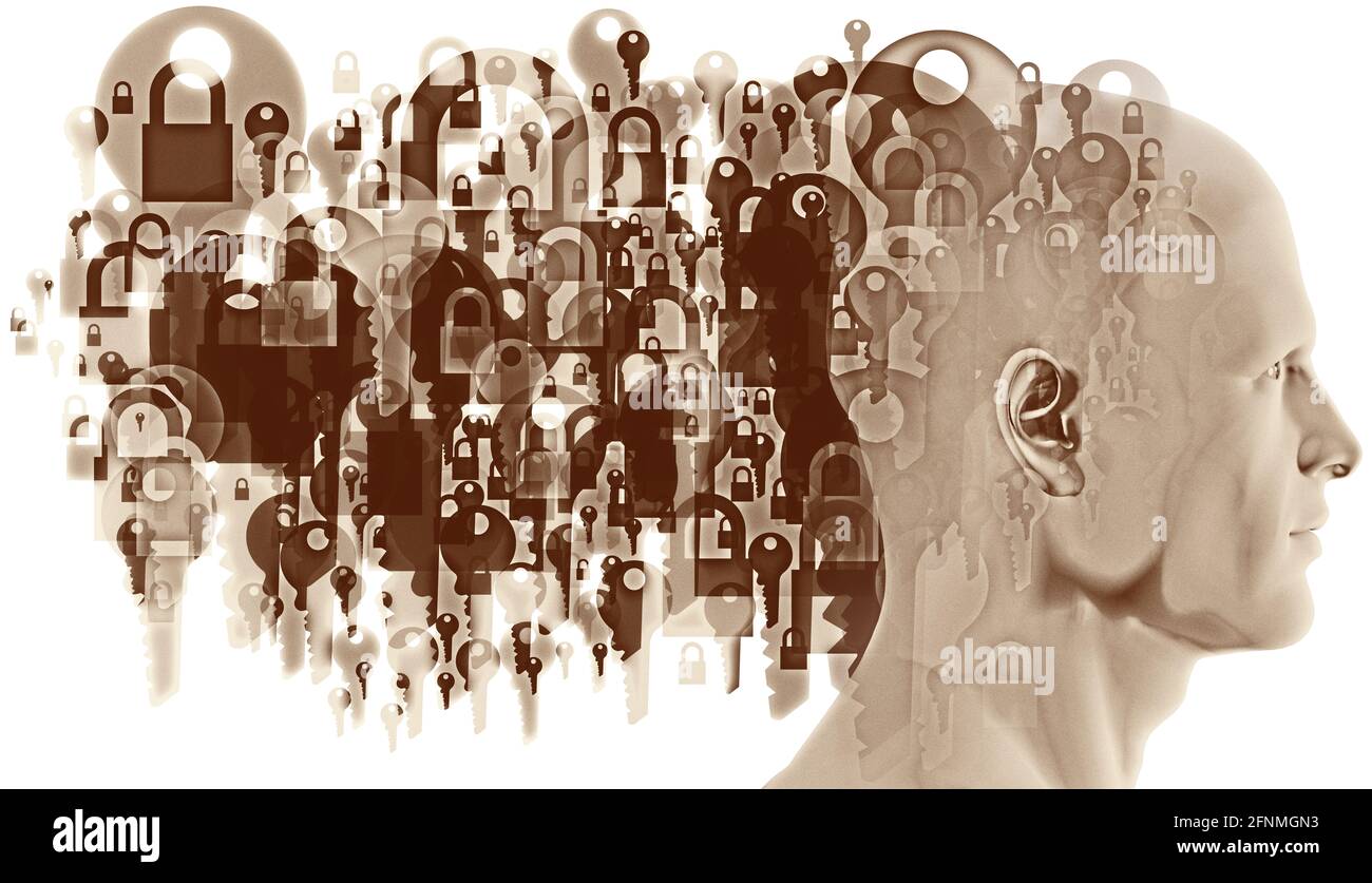 Un profilo laterale della testa a figura sovrapposto a lucchetti e chiavi semitrasparenti sovrapposti di varie dimensioni. Foto Stock