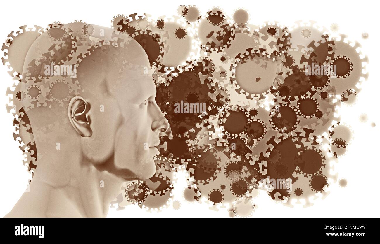 Una figura umana laterale circondata da una nuvola galleggiante anteriore di COVID-19 infettivo veicolato dall'aria, cellule di Coronavirus e particelle. Foto Stock