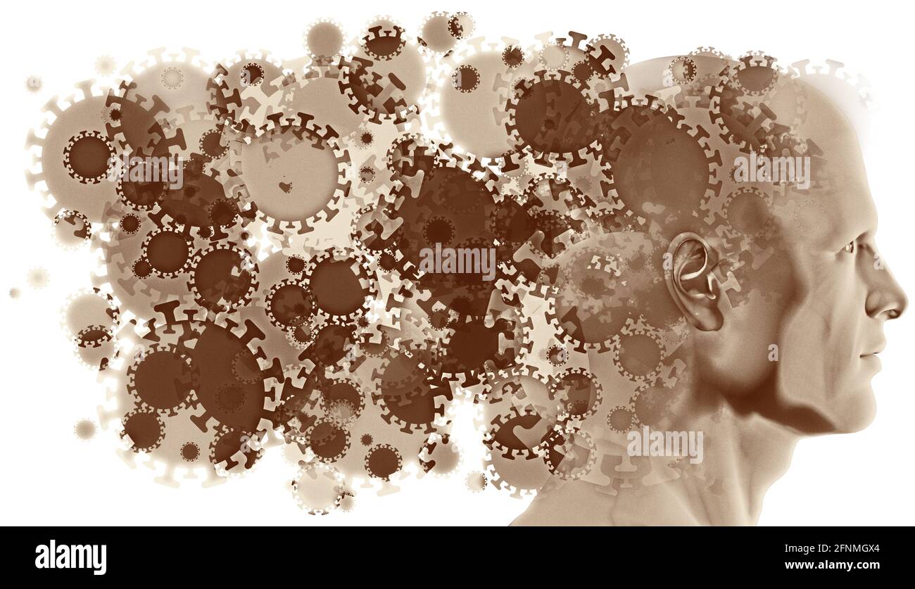 Una figura umana laterale circondata da COVID-19 infettivo veicolato dall'aria, cellule di Coronavirus e particelle. Foto Stock