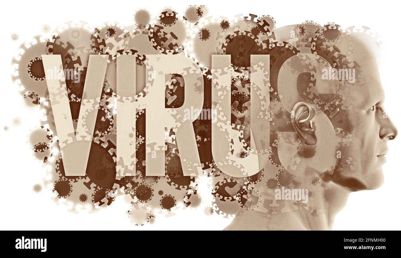 Una figura umana laterale circondata da COVID-19 infettiva, cellule e particelle di Coronavirus. Sovrapposto è la parola "VIRUS" in grande semi-trasparente Foto Stock
