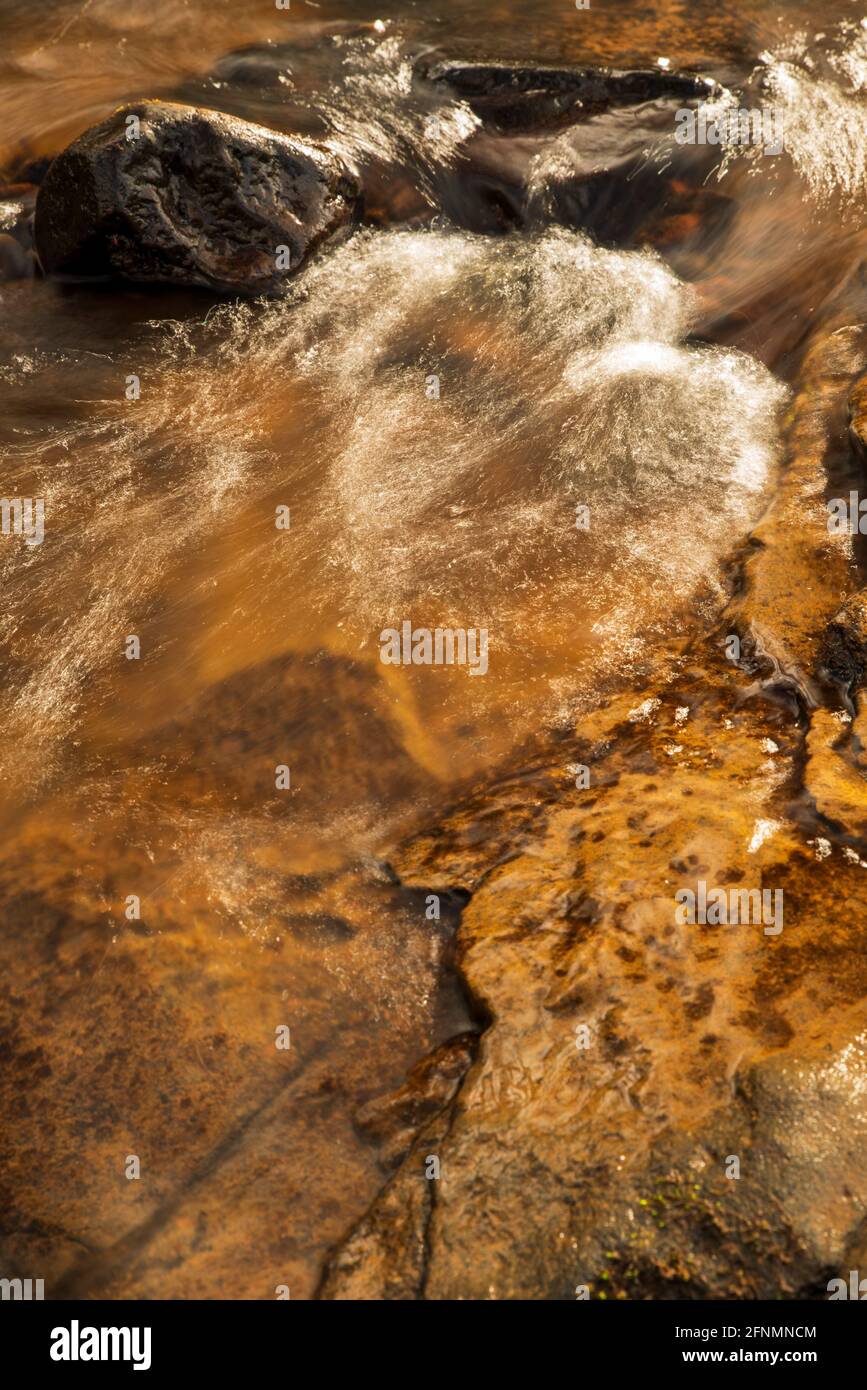 La luce del sole si riflette su una piccola cascata sulle acque di Burn Anne vicino a Galston nell'Ayrshire orientale, Scozia. Foto Stock