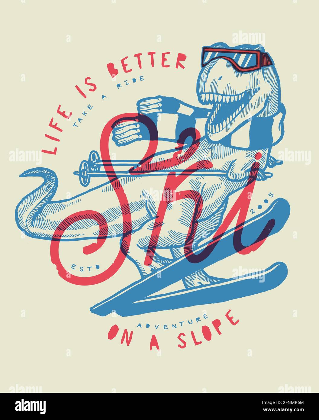 T-rex sci. Tirannosauro in sciarpa e occhiali sorridenti stampa tipografica di sport invernali. Illustrazione Vettoriale