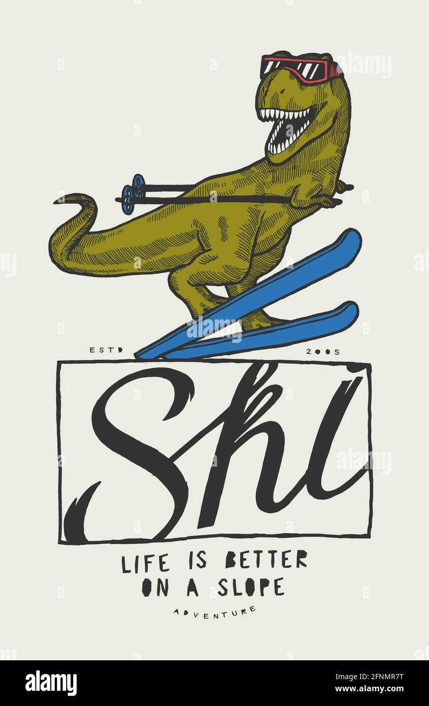 Sci di dinosauro. Carino t-rex raring sui cieli. Divertente sport invernali tirannosauro disegno vettoriale illustrazione. Illustrazione Vettoriale