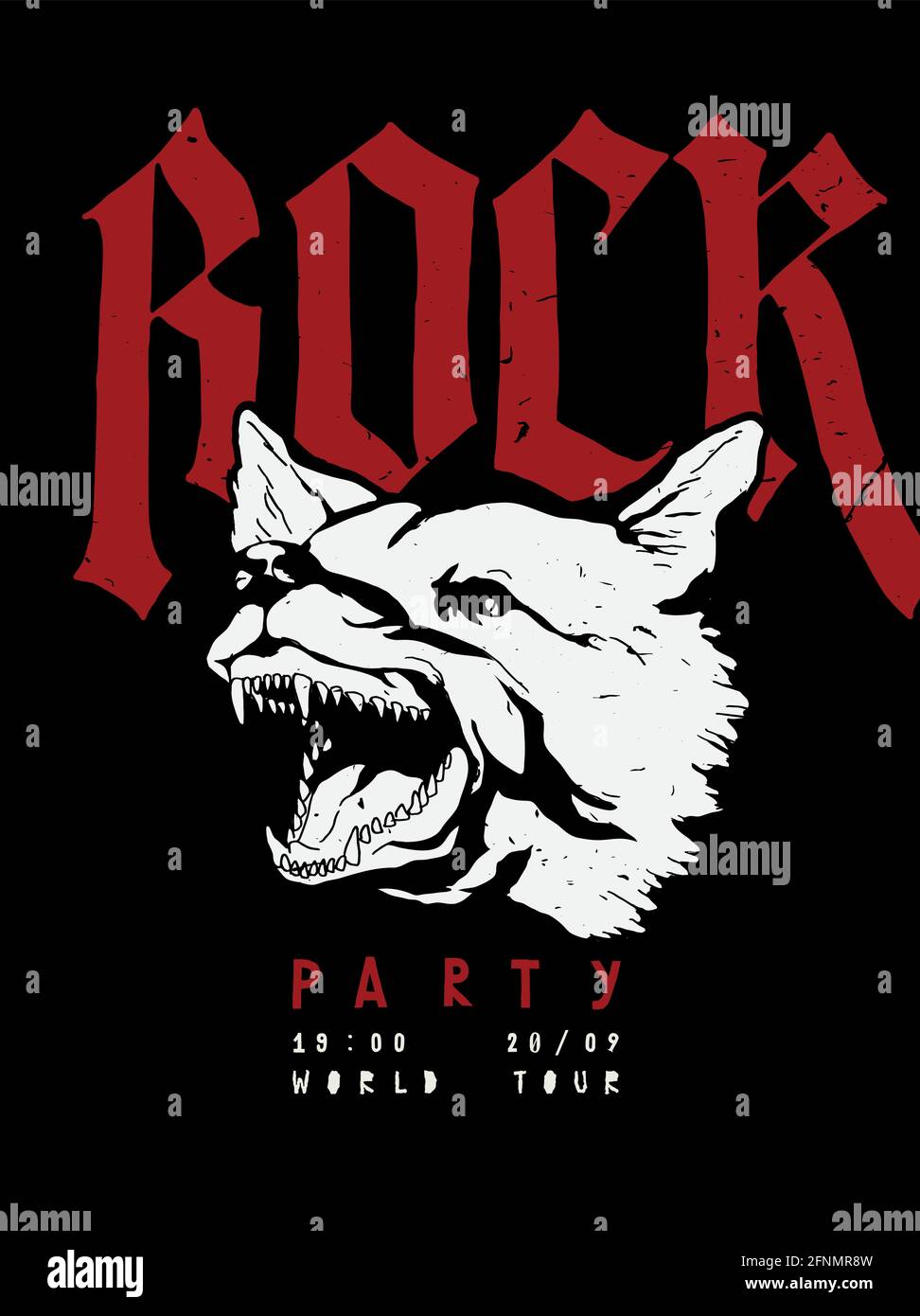 Poster Rock Party con una faccia di cane abbaiato e lettere gotiche tipografia vettoriale tipografia t-shirt stampa. Illustrazione Vettoriale
