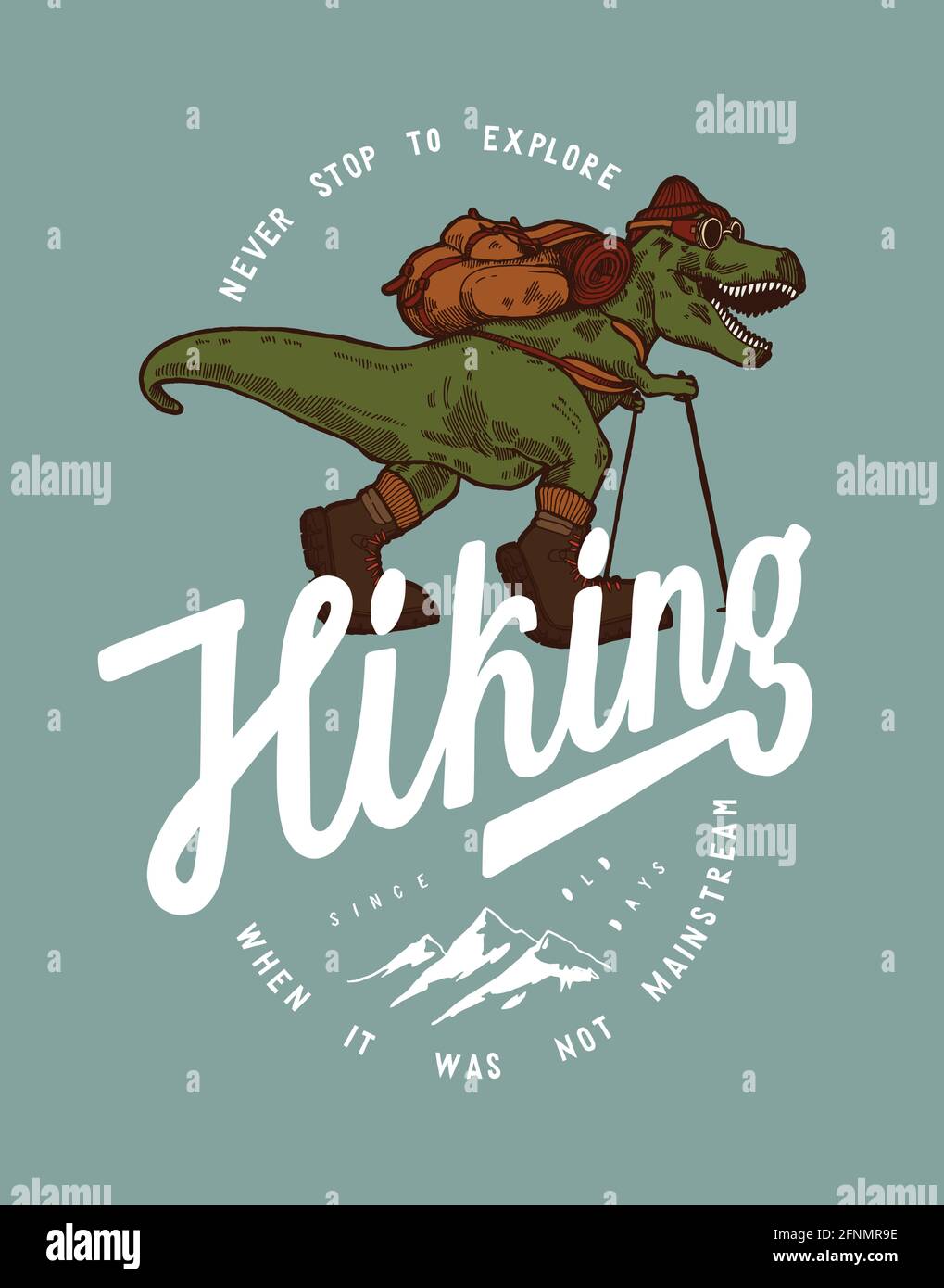 Dino escursionistico. T-rex dinosauro viaggiatore con uno zaino tipografia t-shirt stampa vettore illustrazione. Illustrazione Vettoriale