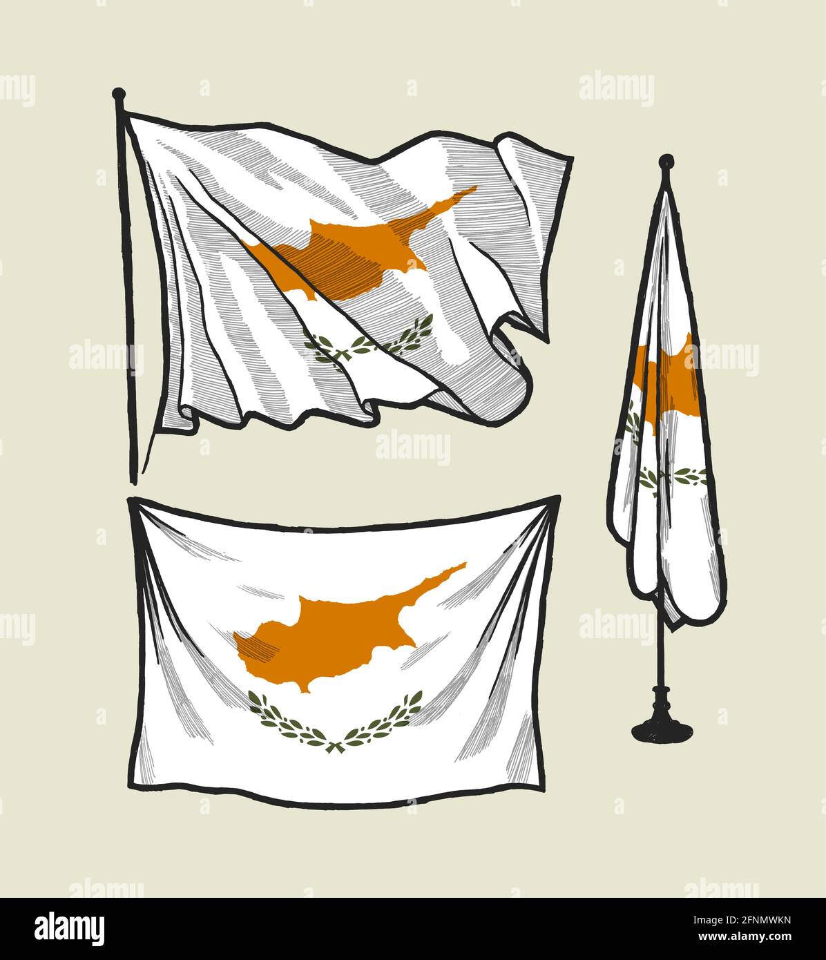 Bandiera di Cipro sul disegno del vento. Bandiera di Cipro appesa al muro - immagine vettoriale in stile vintage Illustrazione Vettoriale