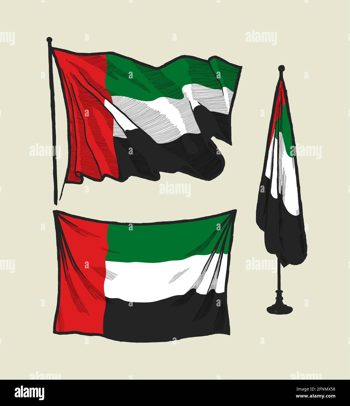 Bandiera degli Emirati Arabi Uniti sul vento e su il set di illustrazioni a parete Illustrazione Vettoriale