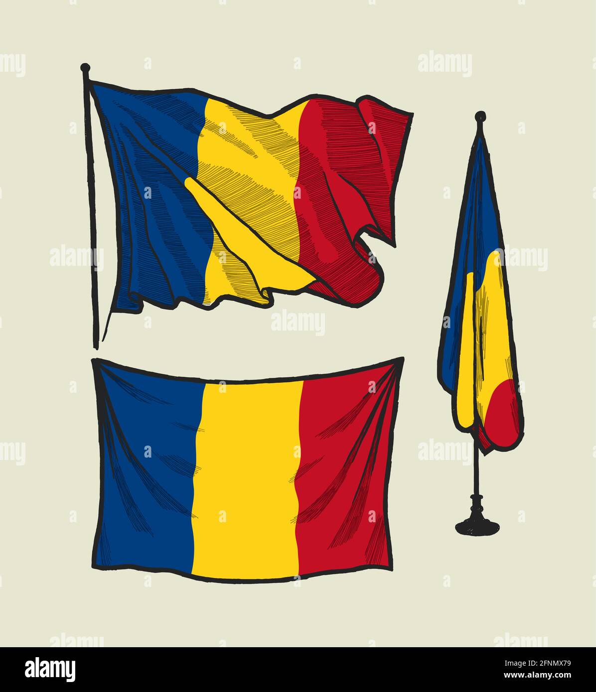 Bandiera della Romania sul vento e sul muro set di illustrazioni Illustrazione Vettoriale