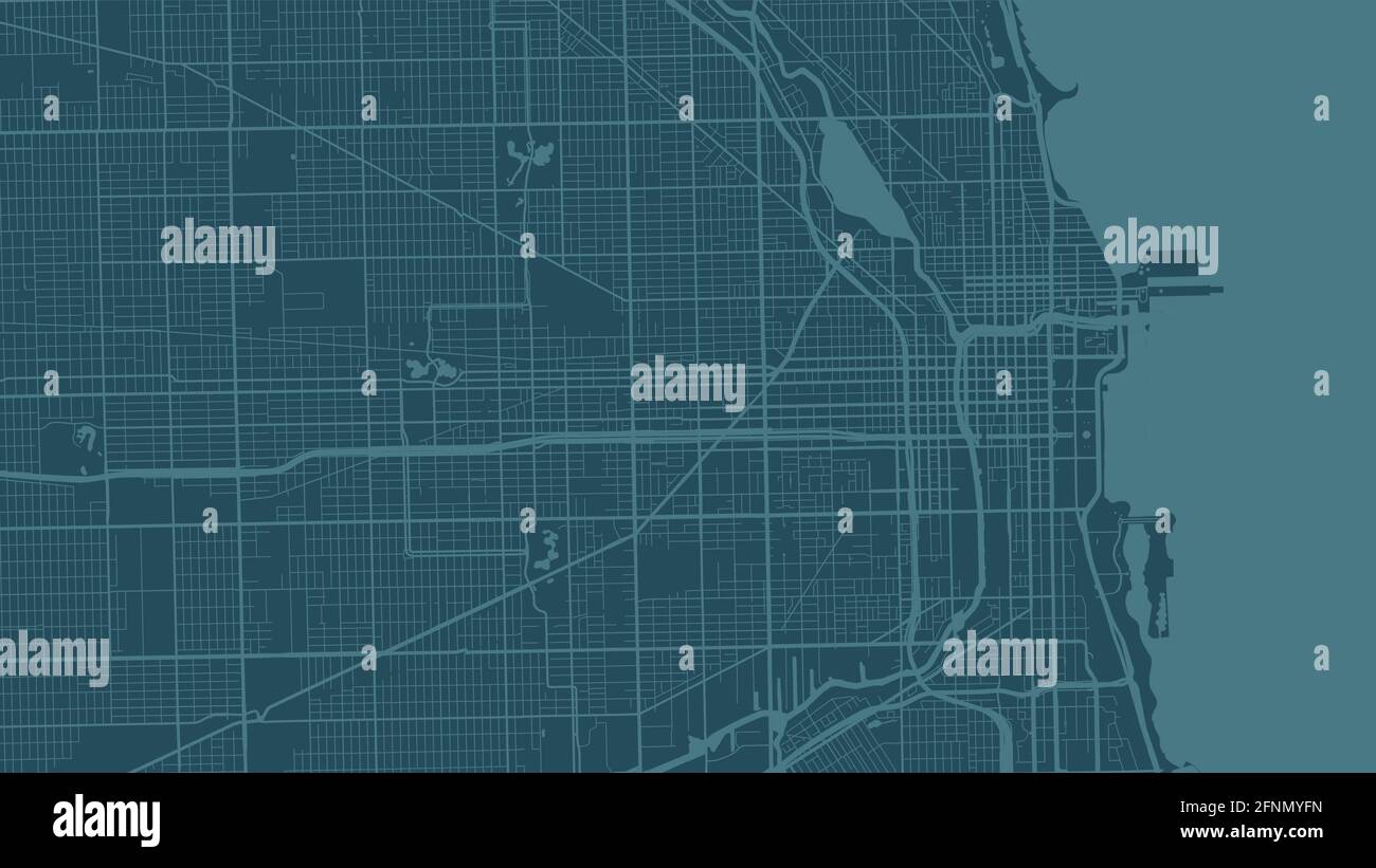 Blu ciano Chicago città area vettore mappa di sfondo, strade e acqua cartografia illustrazione. Formato widescreen, formato digitale piatto. Illustrazione Vettoriale