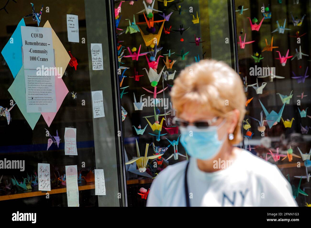 Mille gru di origami sono esposte per onorare le vittime della pandemia della malattia del coronavirus (COVID-19), alla Greenpoint Library di Brooklyn, New York, Stati Uniti, 17 maggio 2021. Foto scattata il 17 maggio 2021. REUTERS/Brendan McDermid Foto Stock