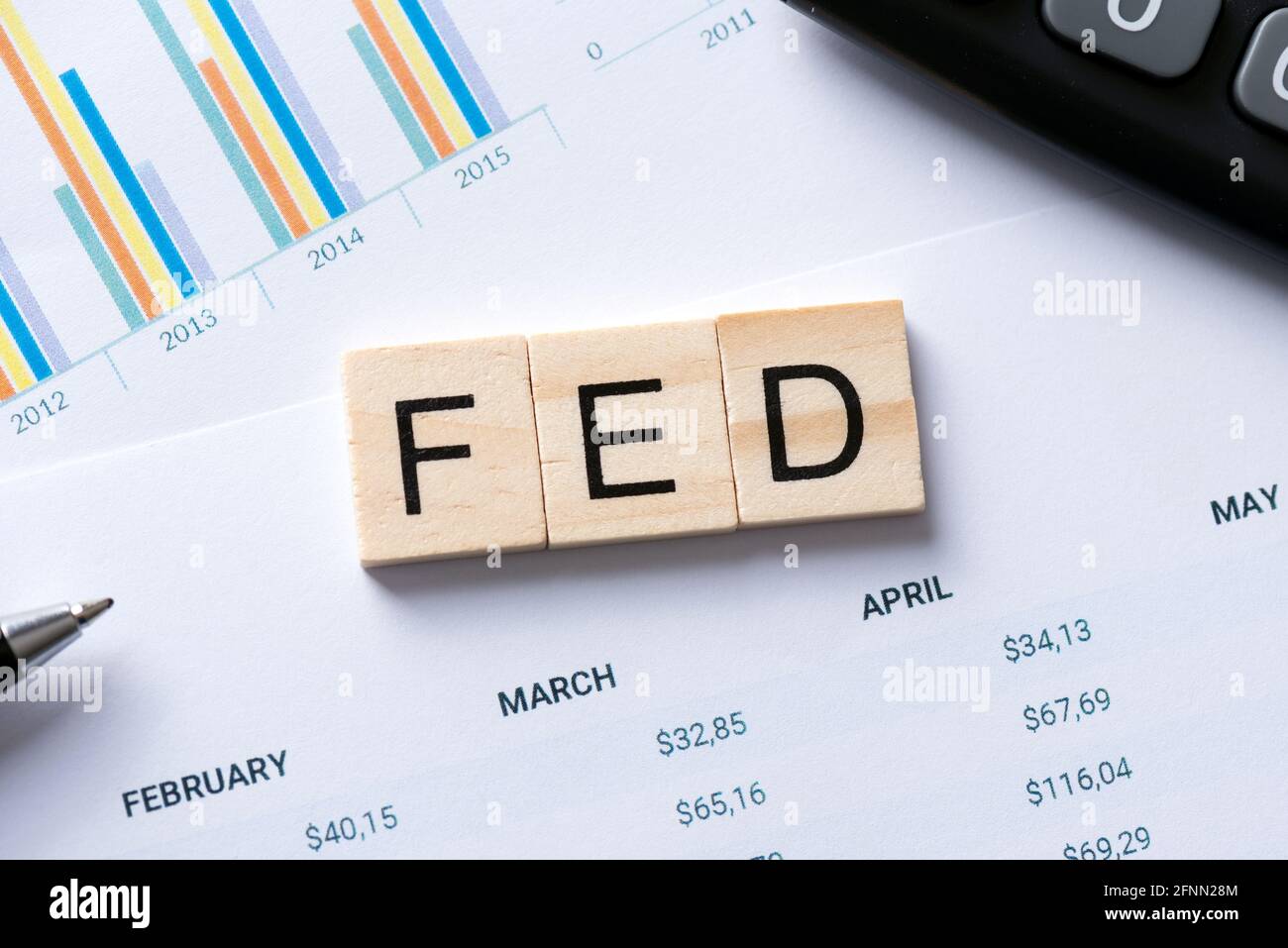 FED Word con calcolatrice sulla scrivania, dati economici, concetto di banca centrale americana Foto Stock