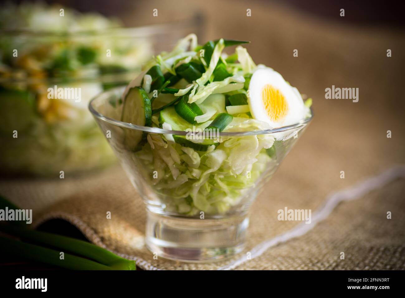 insalata di primavera con cavolo, cetrioli, uova e cipolle verdi su un tavolo di legno. Foto Stock