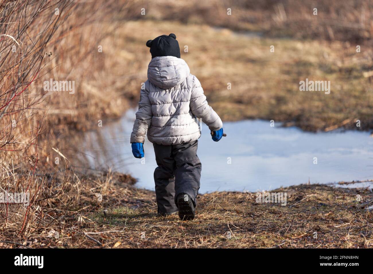 Giovane bambino che cammina in campagna durante l'autunno o l'inverno, con una grande pozza d'acqua e l'erba dorata sullo sfondo Foto Stock
