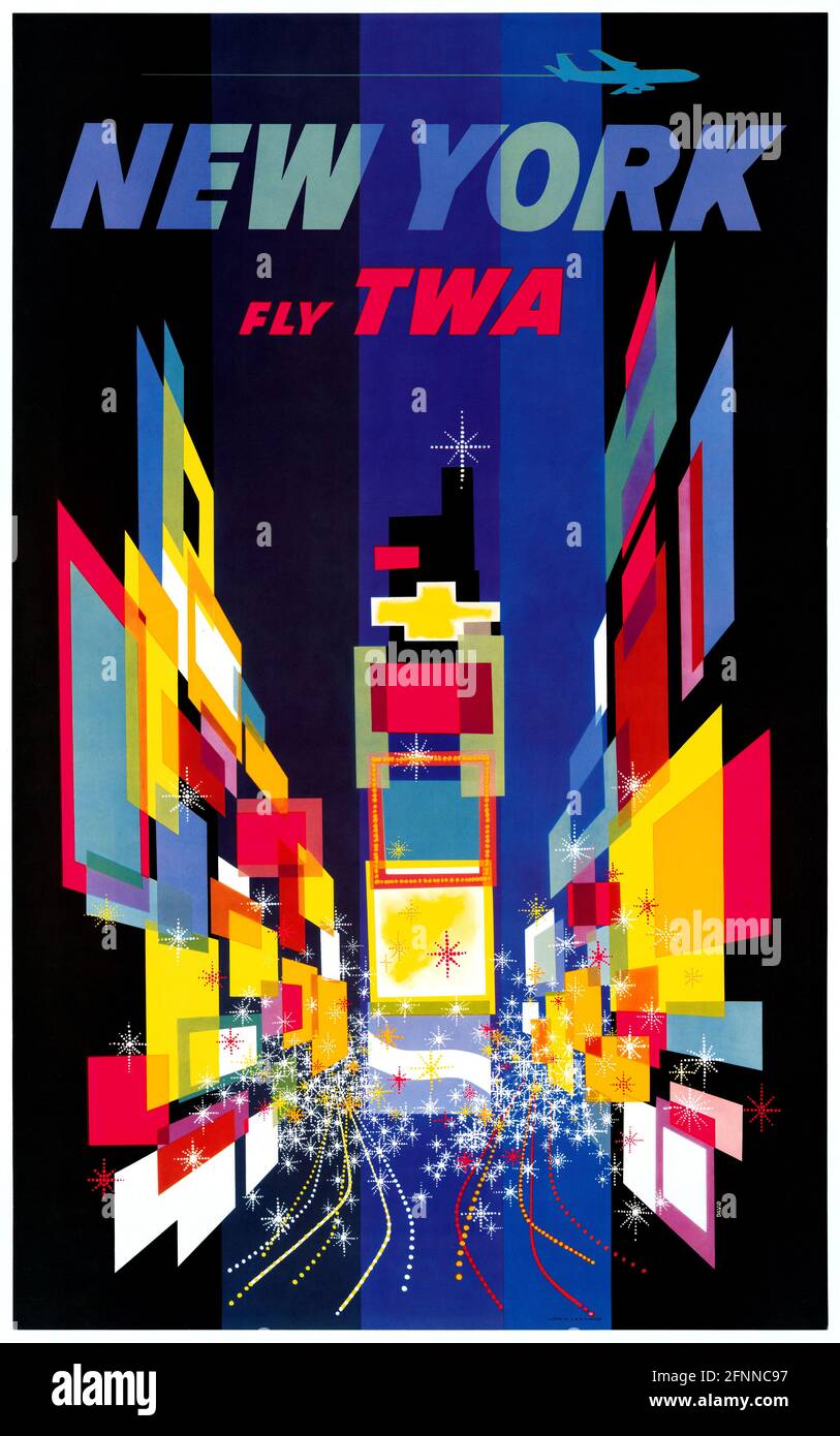 New York. Fly TWA di David Klein (1918-2005). Poster annato restaurato pubblicato nel 1956 negli Stati Uniti. Foto Stock