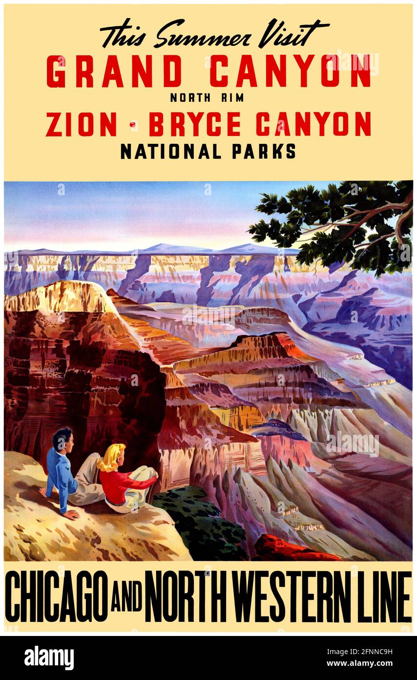 Questa estate visita il Grand Canyon. Bordo nord. Zion. Bryce Canyon. Parchi nazionali. Chicago e North Western Line. Restaurata poster vintage pubblicato negli anni '30 negli Stati Uniti. Foto Stock