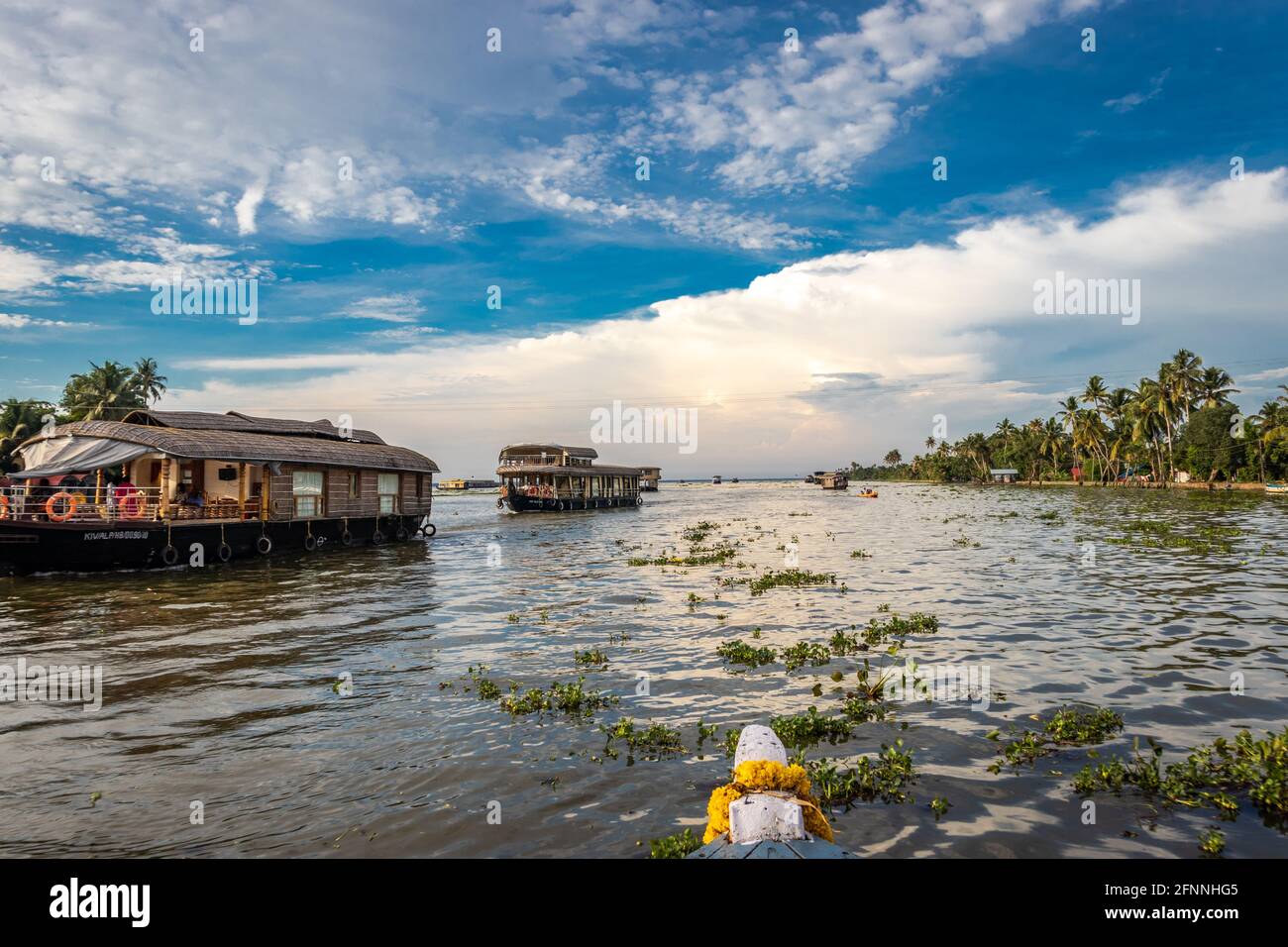 Houseboats in backwater con cielo blu e nuvole bianche immagine è presa ad alleppey kerala india. Mostra la bellezza incredibile di alleppey. Foto Stock
