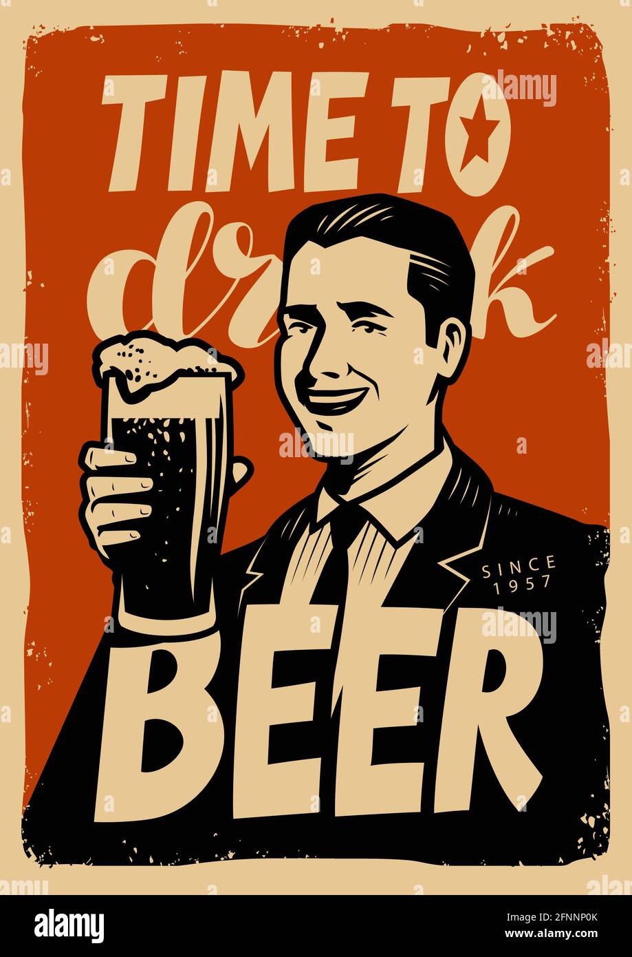 Poster della birra retrò. Insegna vintage che fa pubblicità alla birra fredda. Illustrazione vettoriale del concetto pub Illustrazione Vettoriale