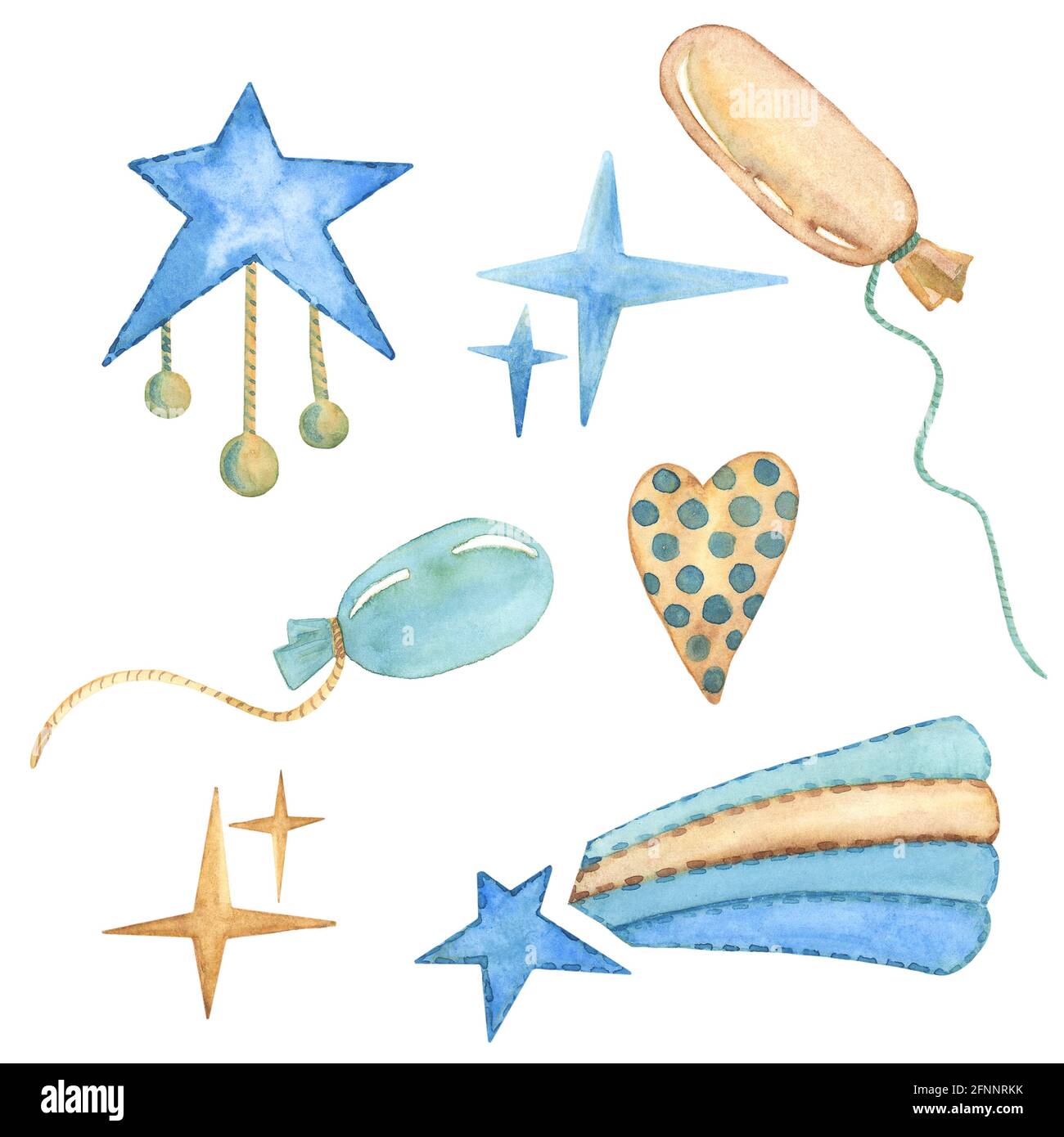 Blue Yellow Stars, Ballon e Heart Watercolor clipart. Decorazioni artistiche in stile boho disegnate a mano. Baby boy doccia party design. Impostare le illustrazioni isolate su Foto Stock