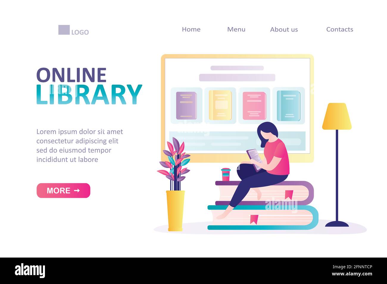Donna seduta e che legge online su un tablet pc. Pagina di destinazione sul tema della e-library. Concetto di libri elettronici e e-learning. Ampia selezione di libri Illustrazione Vettoriale