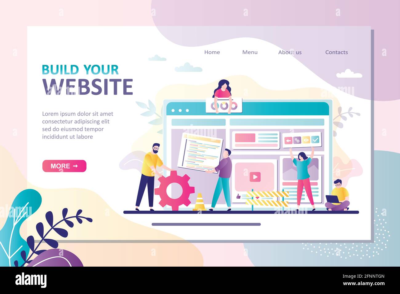 La gente costruisce il Web site. Concetto di lavoro di squadra, web design e sviluppo. Il team di sviluppatori web costruisce un account utente personale o un layout per il sito web. Illustrazione Vettoriale