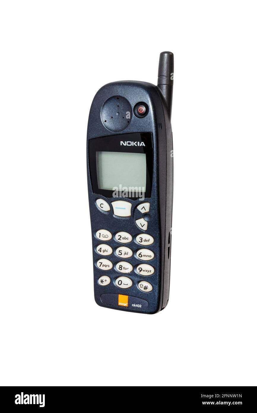 Un telefono cellulare Nokia NK402 classico isolato su uno sfondo bianco Foto Stock
