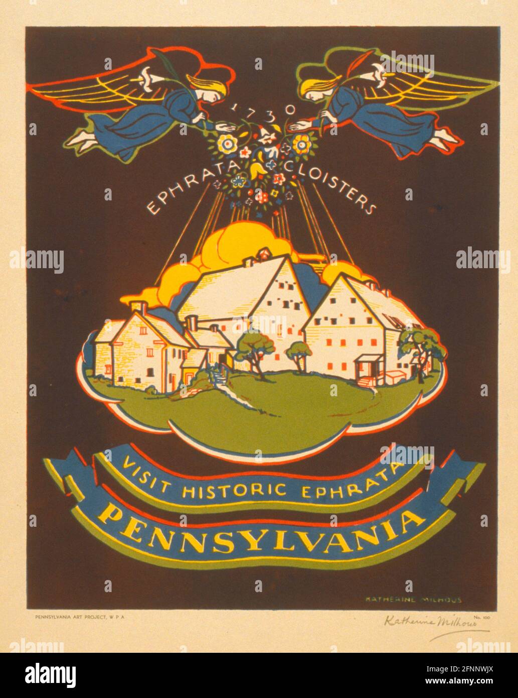 Visita la storica Ephrata, Pennsylvania - Poster che promuove il Chiostro di Ephrata, Lancaster Co., Pennsylvania, mostrando due angeli che cadono fiori sulla comunità, circa 1940 Foto Stock