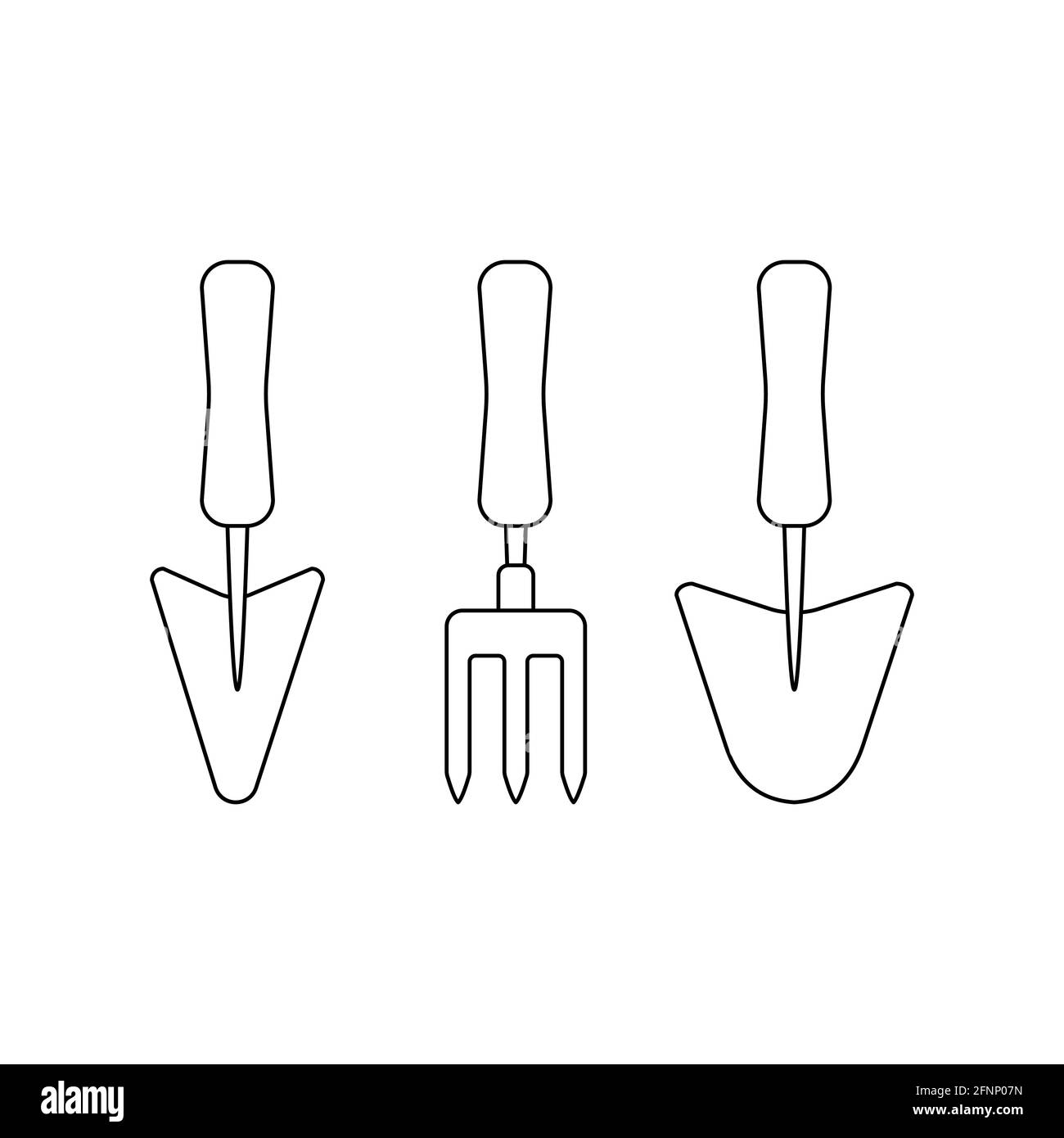 Attrezzi da giardinaggio Set di forchetta e cazzuola delineano semplice minimalista illustrazione vettoriale a disegno piatto isolata su sfondo bianco Illustrazione Vettoriale