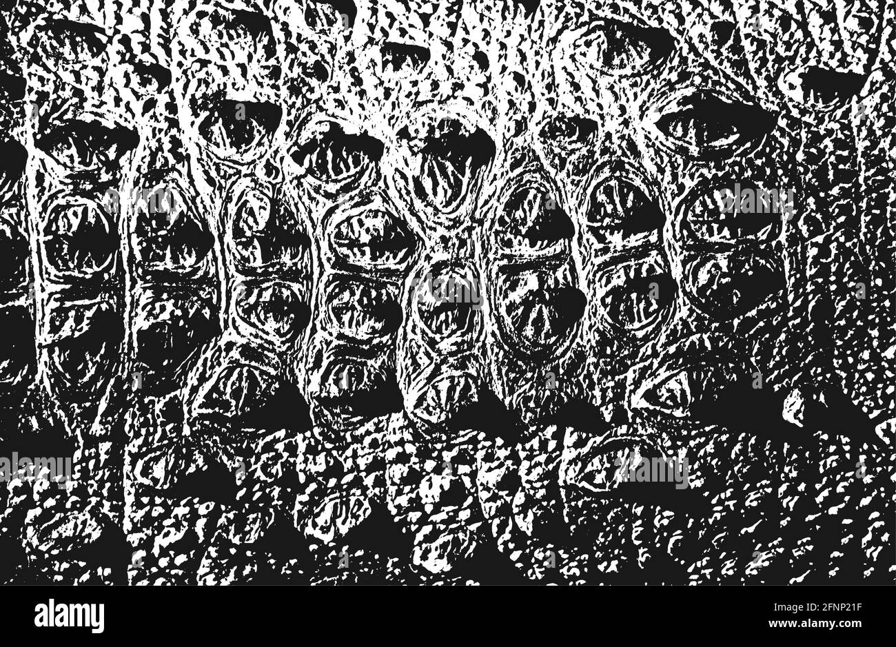 Trama di sovrapposizione in pelle di coccodrillo o serpente, sfondo grunge. Illustrazione vettoriale astratta a mezzitoni Illustrazione Vettoriale