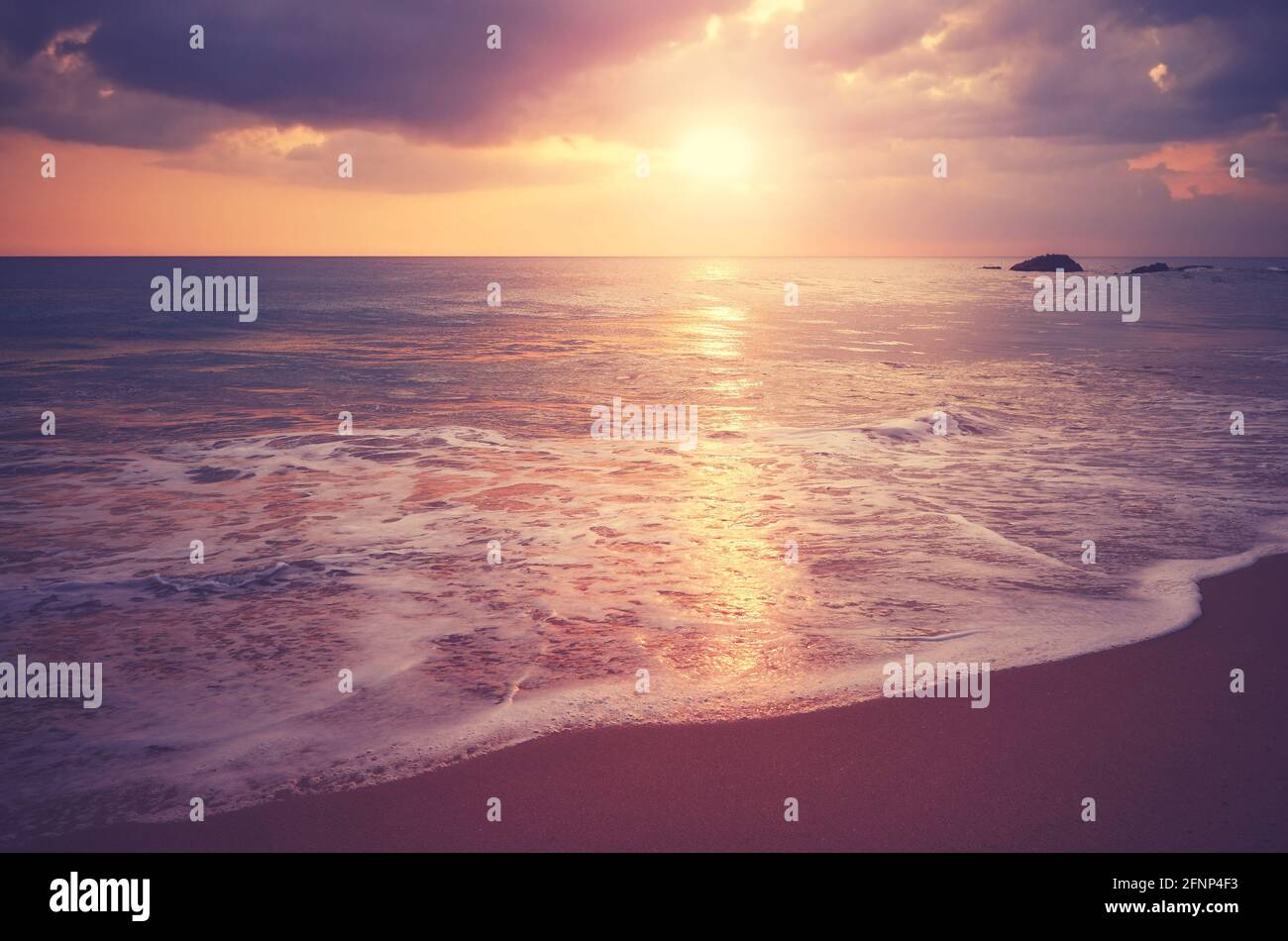 Bella spiaggia sabbiosa al tramonto, colore tonificante applicato. Foto Stock