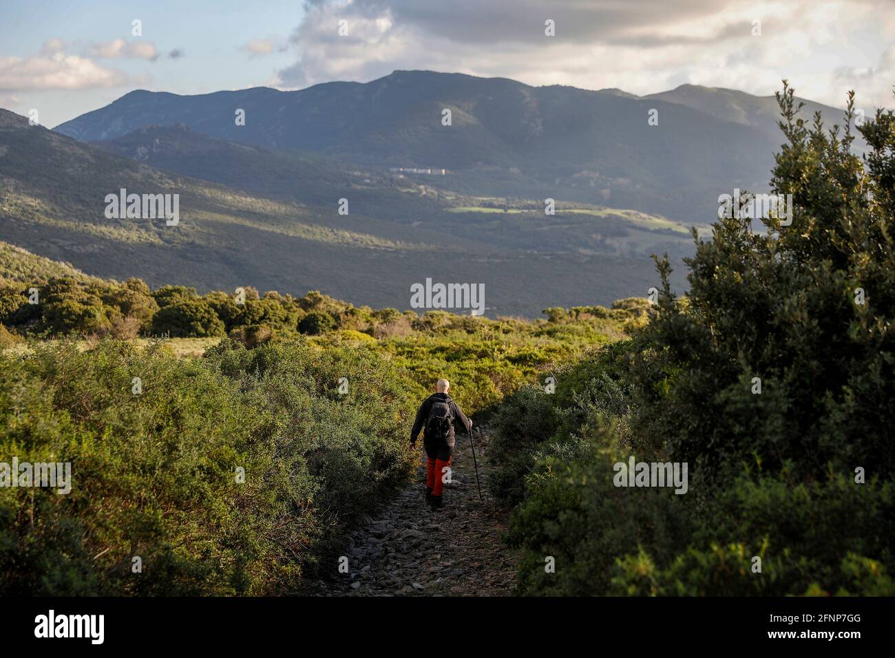 Trekker scendendo dalla montagna Arcuentu, Sardegna, Italia Foto Stock