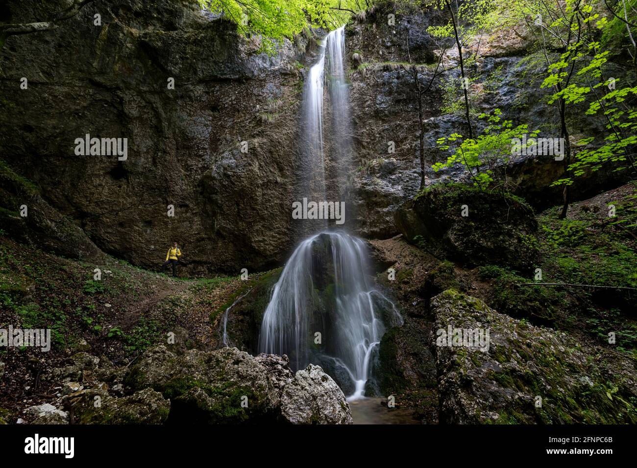 Donna in giacca gialla in piedi presso la bella cascata Padstanajca, Sebrelje, Slovenia Foto Stock