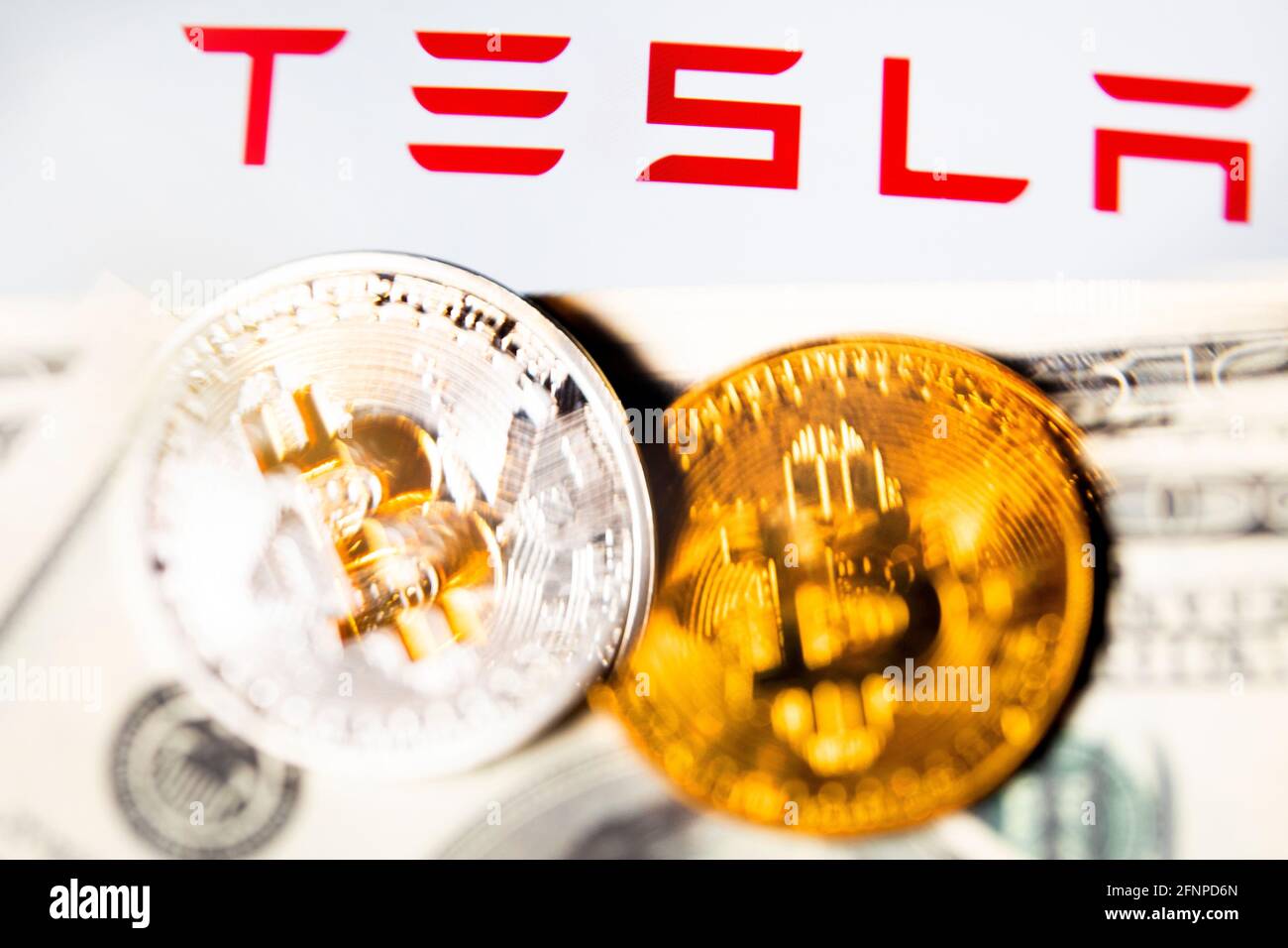 Monete d'oro con criptovaluta, dollari USA e il logo della Tesla Company su sfondo bianco Foto Stock