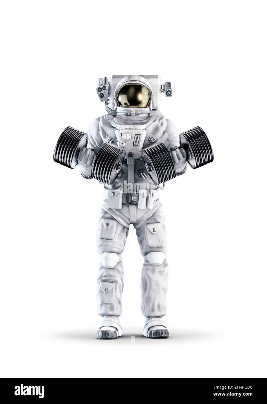 Astronauta fitness con manubri / illustrazione 3D di tuta spaziale indossando figura maschile che solleva pesante coppia di manubri isolati su bianco sfondo studio Foto Stock