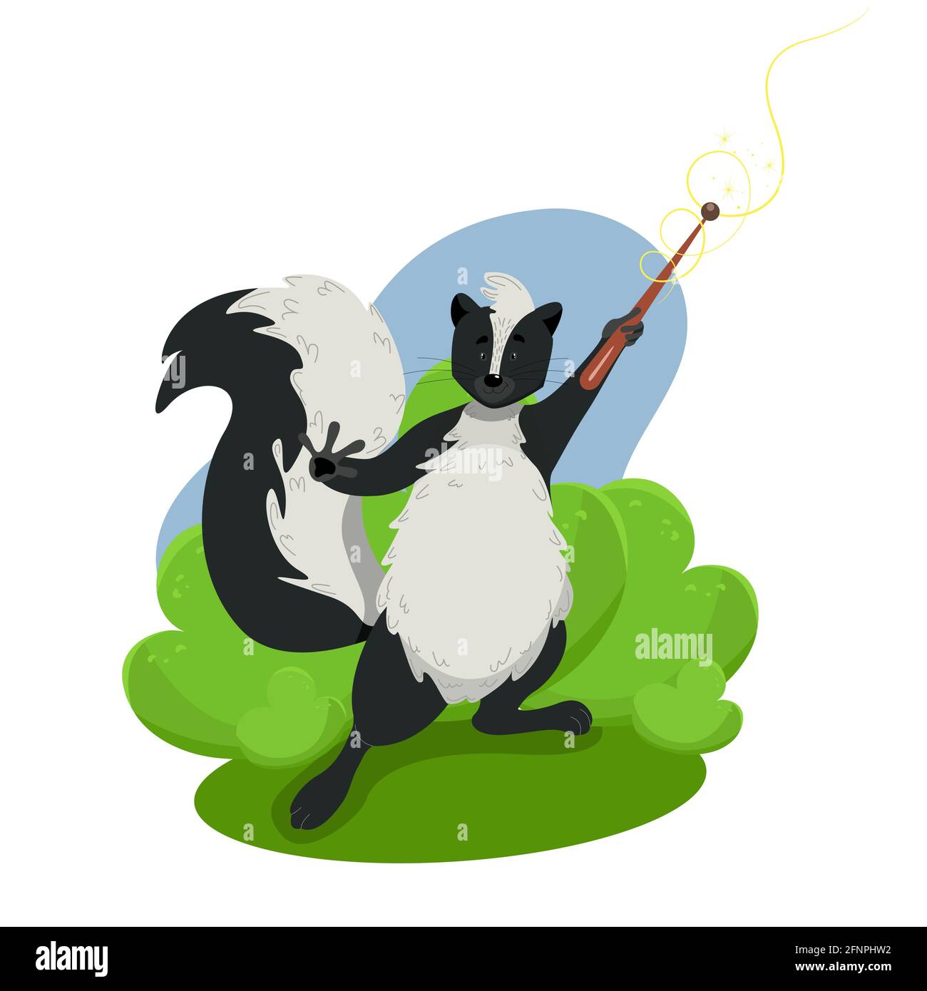 Simpatico skunk divertente che tiene una bacchetta magica, animali selvatici, carattere vettoriale in stile cartoon, clip art su uno sfondo bianco Illustrazione Vettoriale