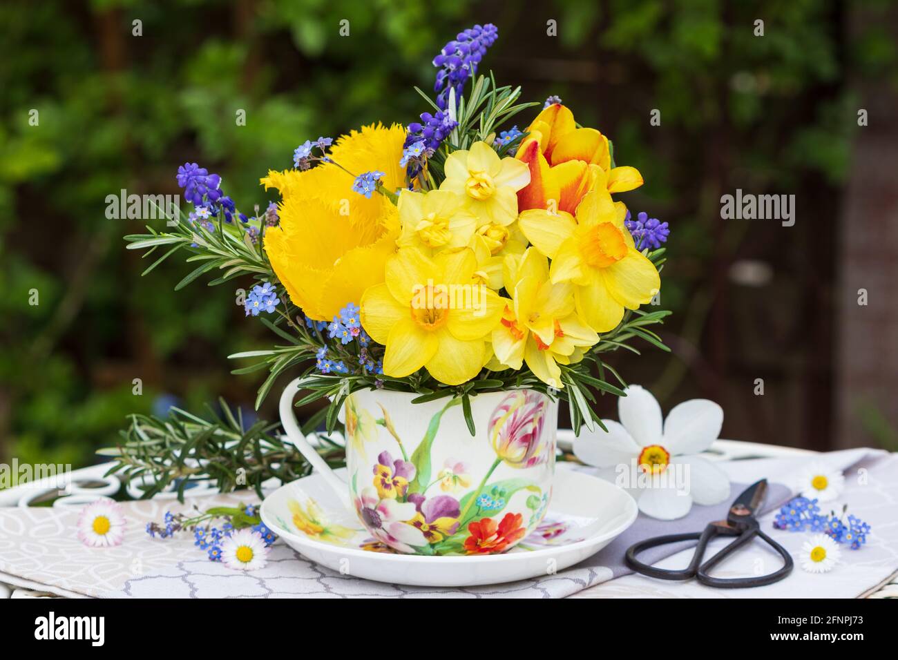 bouquet di narcisi e tulipani gialli in tazza con fiori ornamento Foto Stock