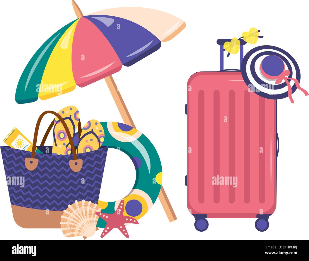 Set di articoli estivi. Valigia e accessori da spiaggia, ombrellone,  occhiali, cappello e crema. Articoli per nuotare in mare Immagine e  Vettoriale - Alamy